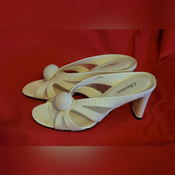 J. Renee' Pearl Ivory Leather & Mesh Slide Dress Sandals with Faux Pearl Accent - Picture 3 of 6